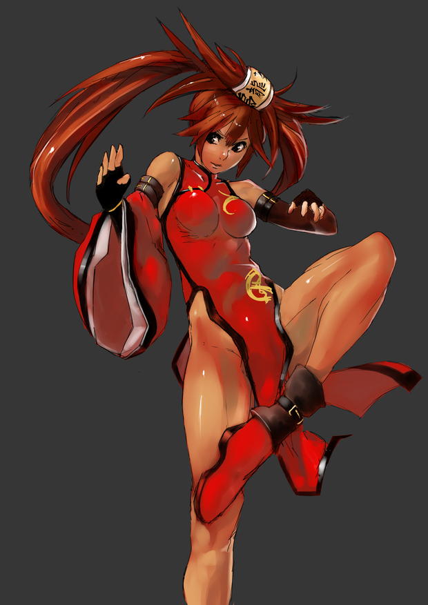 asymmetrical_clothes bare_shoulders breasts brown_eyes china_dress chinese_clothes detached_sleeves dress fighting_stance guilty_gear impossible_clothes kuradoberi_jam long_hair medium_breasts no_panties side_slit solo standing standing_on_one_leg tan unizama very_long_hair