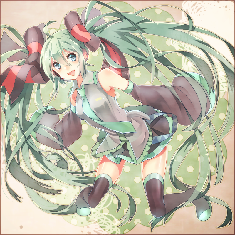 boots bow detached_sleeves green_eyes green_hair hair_bow hatsune_miku headset kirushi_(killcy) long_hair necktie open_mouth skirt sleeves_past_wrists solo thigh_boots thighhighs twintails very_long_hair vocaloid