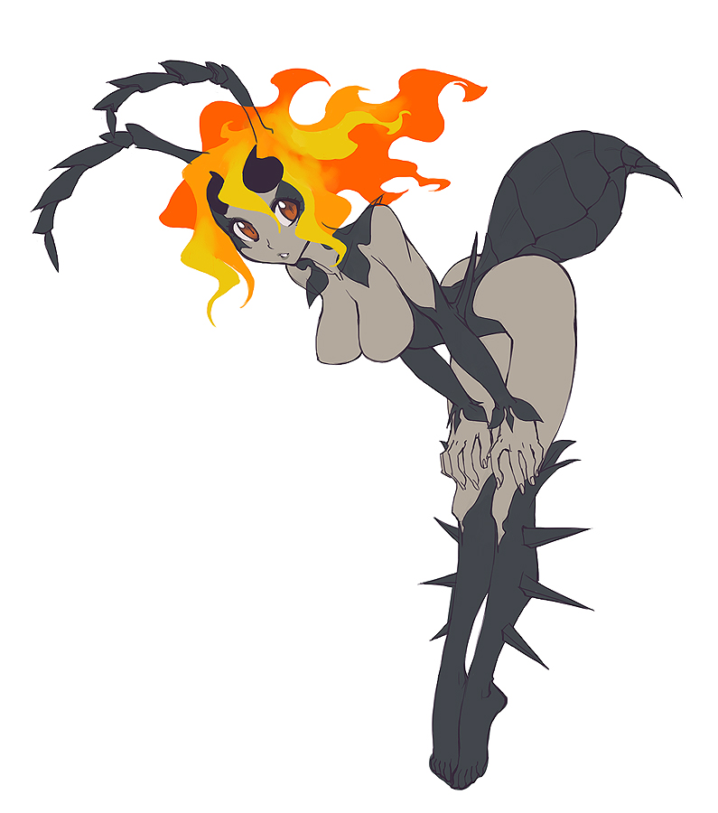 antennae bent_over boots breasts demon_mages fiery_hair fire hands_on_own_knees insect_girl jason_robinson knee_boots monster_girl orange_eyes original solo spikes tiptoes