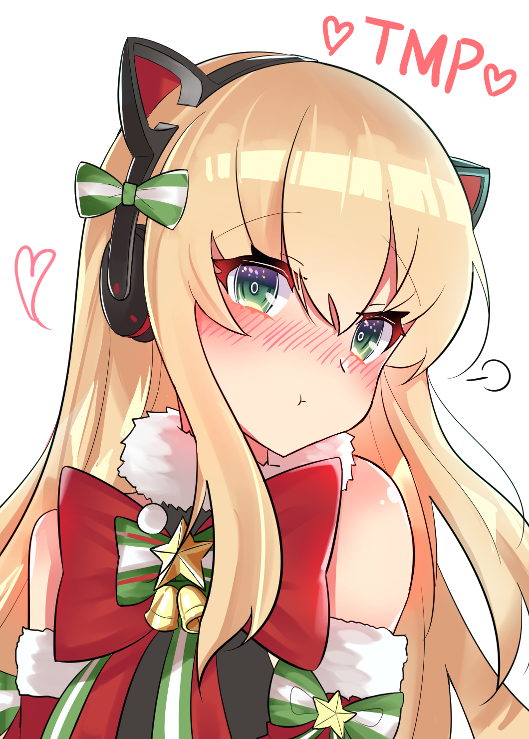 1girl :t animal_ears bangs bare_shoulders bell black_shirt blush bow cat_ear_headphones cat_ears character_name closed_mouth commentary detached_sleeves eyebrows_visible_through_hair fur-trimmed_sleeves fur_collar fur_trim girls_frontline green_bow green_eyes hair_between_eyes head_tilt headphones heart highres meow_nyang nose_blush pout shirt simple_background sleeveless sleeveless_shirt solo star striped striped_bow tmp_(girls_frontline) white_background