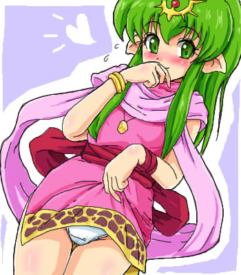 blush chiki dress dress_lift fire_emblem fire_emblem:_monshou_no_nazo green_eyes green_hair konpeto lifted_by_self lowres mamkute panties pink_dress pointy_ears smile solo underwear white_panties wristband