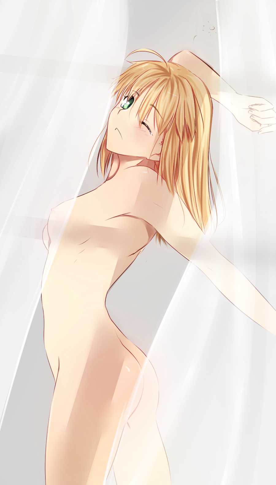 ahoge artoria_pendragon_(all) ass blonde_hair breasts cowboy_shot fate/stay_night fate_(series) green_eyes hair_down highres long_hair looking_back medium_breasts nipples nude one_eye_closed saber short_hair solo stretch tusia yawning