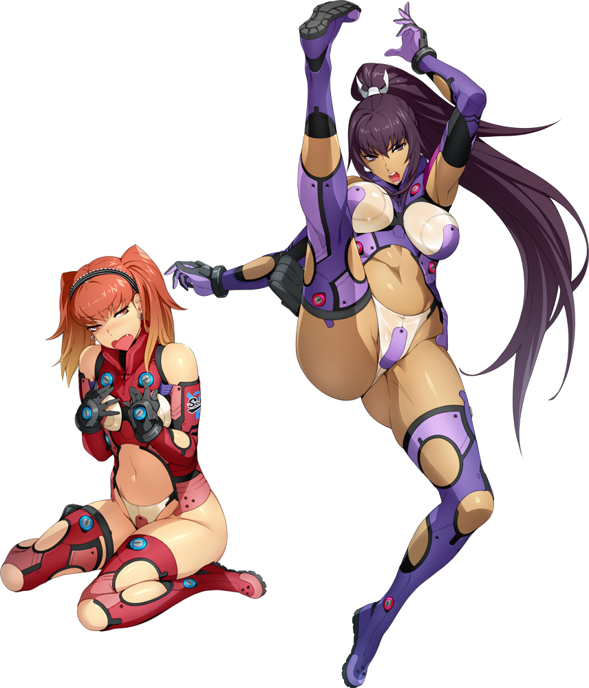 2girls amanomiya_ayame arm_up bertha_bernstein blush breasts dark_skin earrings fang flat_chest gradient_hair hairband high_kick jewelry kicking large_breasts long_hair looking_at_viewer multicolored_hair multiple_girls navel official_art open_mouth orange_hair purple_eyes purple_hair purple_legwear red_hair red_legwear sitting super_robot_wars super_robot_wars_x-omega thighhighs transparent_background twintails very_long_hair wariza watanabe_wataru