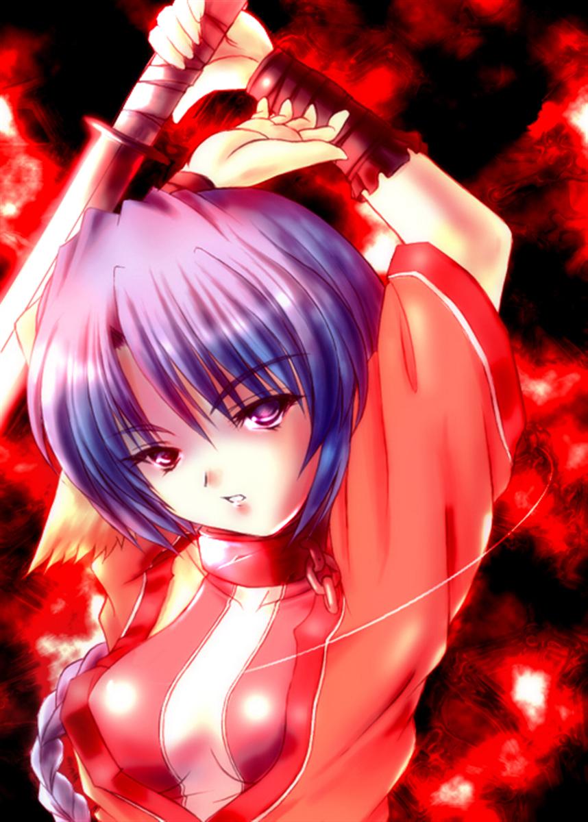 1girl animal_ears arms_up artist_request blue_eyes blue_hair braid breasts bust chains collar dog_ears female highres holding japanese_clothes karura_(utawareru_mono) long_hair looking_at_viewer parted_lips solo sword upper_body utawareru_mono weapon wristband