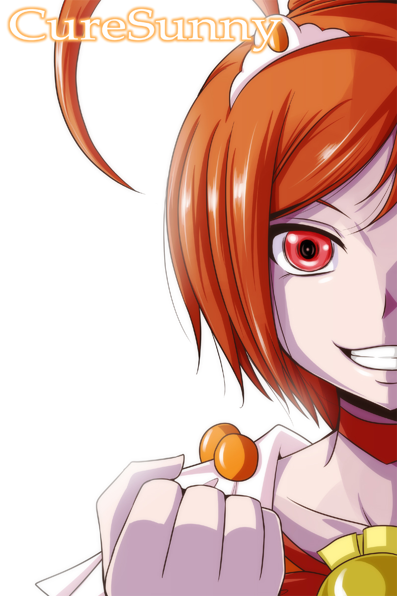 ahoge antenna_hair bloom brooch character_name choker clenched_hand cure_sunny grin hair_ornament highres hino_akane_(smile_precure!) jewelry magical_girl nishi_koutarou orange_(color) orange_choker orange_hair out_of_frame portrait precure red_eyes short_hair simple_background smile smile_precure! solo white_background