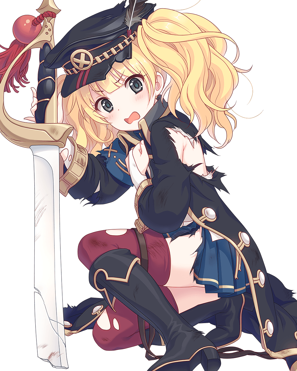 1girl armband blonde_hair blue_eyes blush boots broken broken_weapon collared_coat cutlass hat highres kneeling looking_at_viewer military_hat monica_weisswind official_art open_mouth princess_connect! purple_legwear solo thighhighs torn_clothes torn_jacket torn_legwear transparent_background twintails weapon
