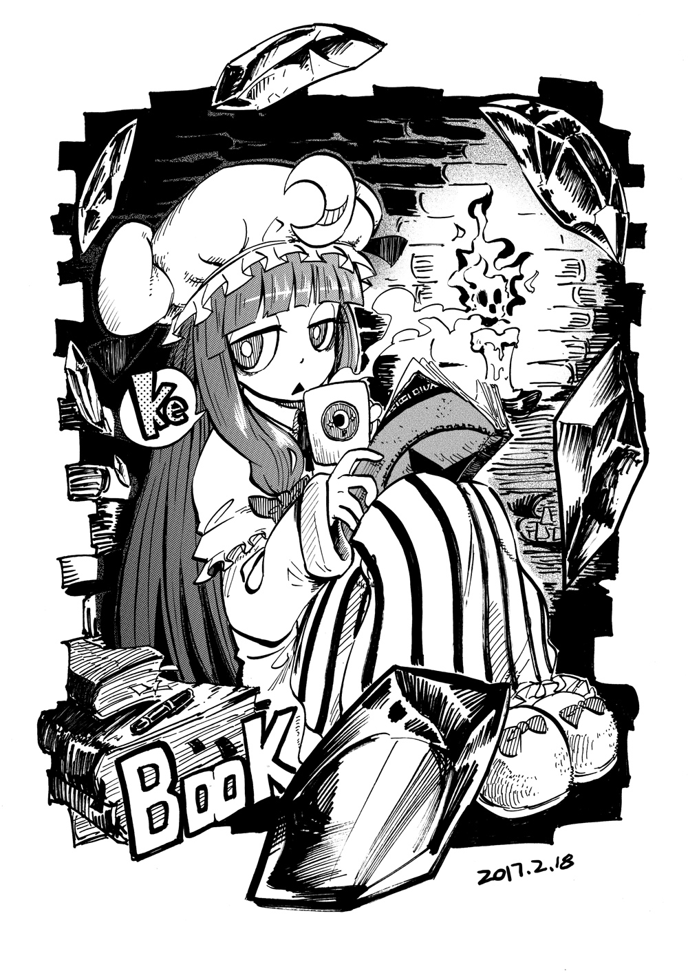 1girl 2017 bangs blackcat_(pixiv) book book_stack bookmark bow candle candlelight candlestand capelet crescent crescent_moon crescent_moon_pin crystal cup dated dress fountain_pen frilled_capelet frills graphite_(medium) greyscale hair_bow highres long_hair long_sleeves looking_at_viewer monochrome moon mug patchouli_knowledge pen shoe_bow shoes simple_background sitting slippers solo speech_bubble striped touhou traditional_media triangle_mouth vertical-striped_dress vertical_stripes