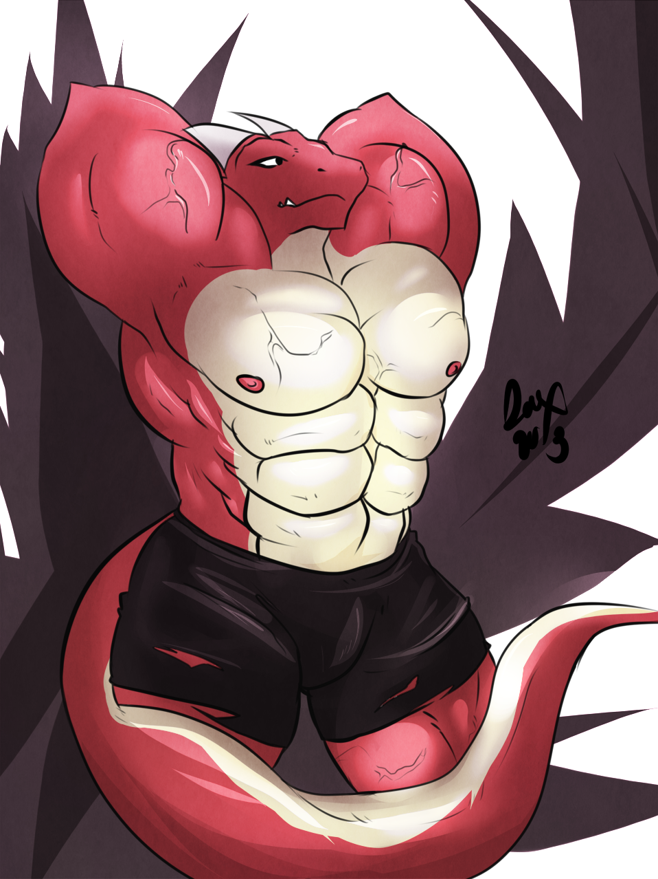 abs anthro arms_behind_head biceps big_muscles clothing doomix dragon horn invalid_color invalid_tag jose6z male muscles nipples pants pecs pose red_dragon scalie topless torn_clothing vein