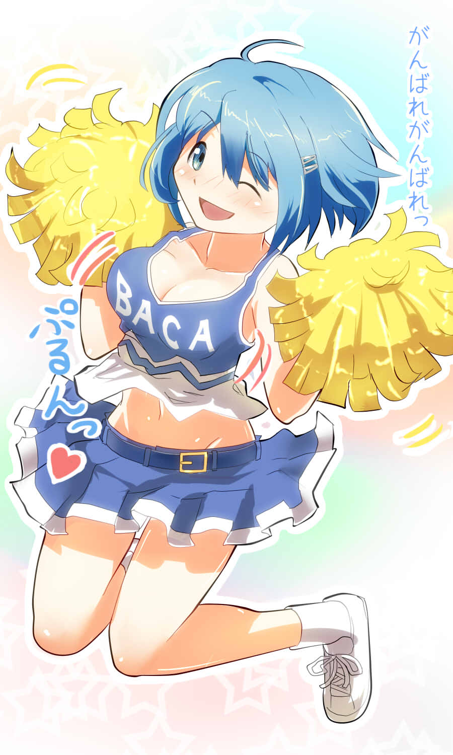 ;d ace_rocket adapted_costume belt blue_eyes blue_hair blush bouncing_breasts breasts cheerleader clothes_writing hair_ornament hairclip highres jpeg_artifacts jumping mahou_shoujo_madoka_magica medium_breasts midriff miki_sayaka navel one_eye_closed open_mouth pom_poms short_hair skirt smile solo