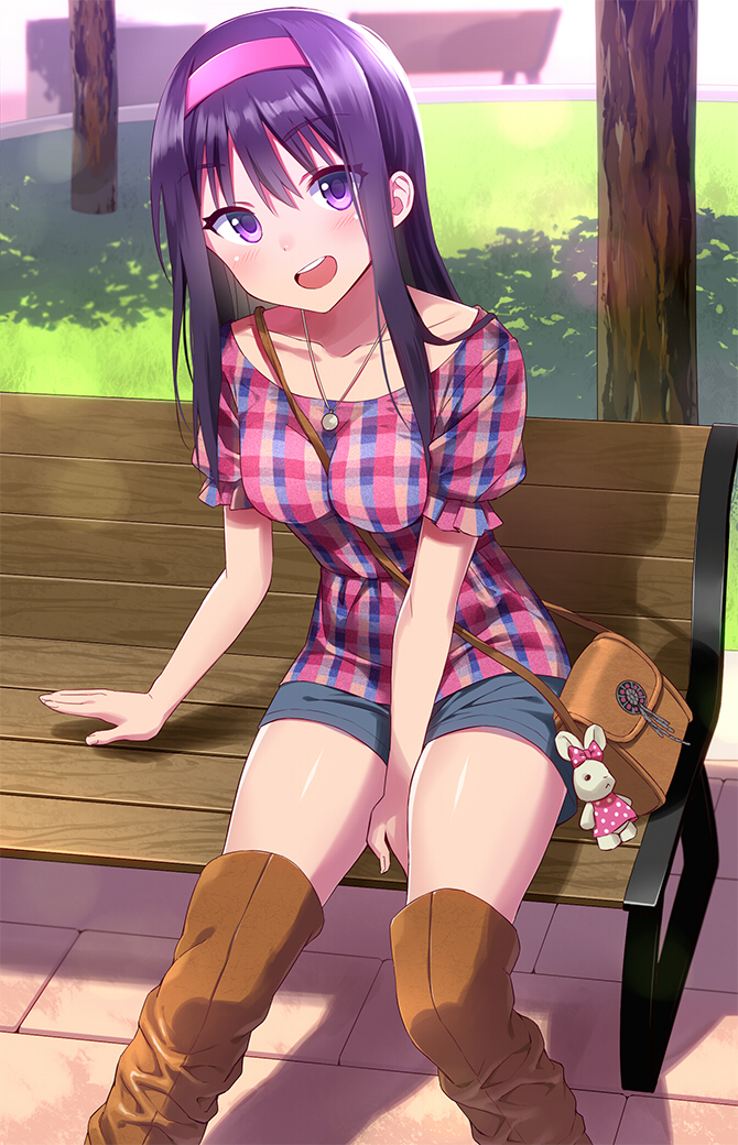 bad_id bad_pixiv_id bag bangs bench between_breasts between_legs black_hair boots breasts collarbone day eyebrows_visible_through_hair grass hair_between_eyes hairband hand_between_legs jewelry long_hair looking_at_viewer necklace open_mouth original outdoors plaid plaid_shirt purple_eyes purple_hair shadow shirt short_sleeves shorts shoulder_bag sitting smile solo sonsoso strap_cleavage stuffed_animal stuffed_bunny stuffed_toy thigh_boots thighhighs tree