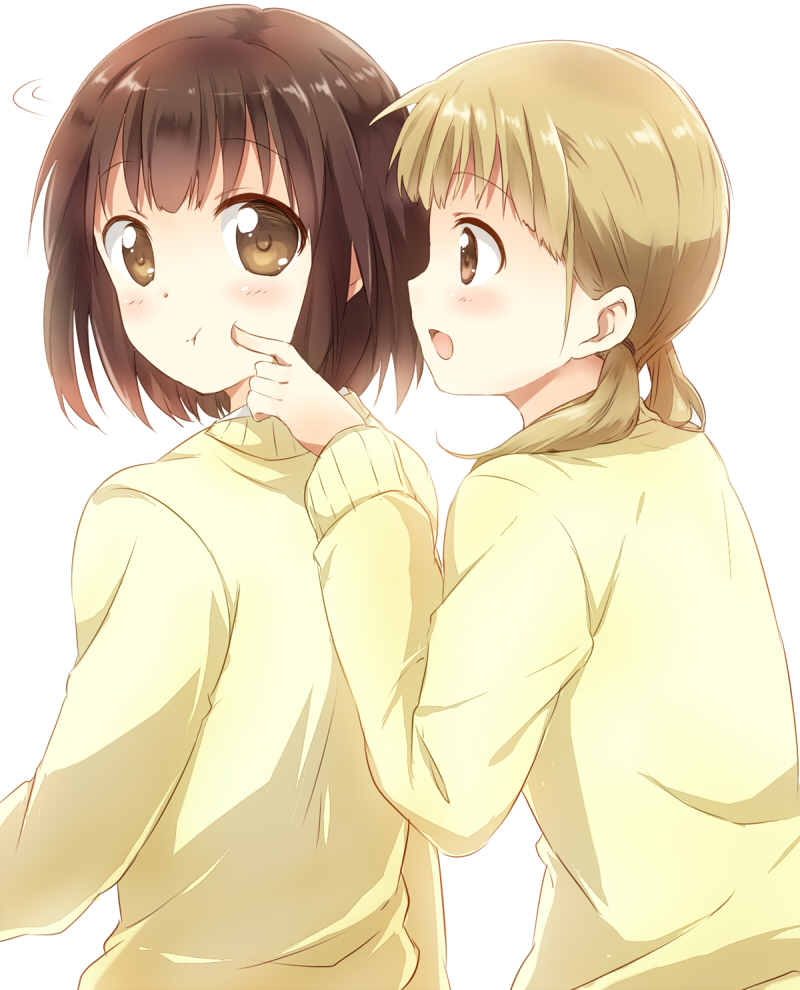 :d :t bangs black_hair blush brown_eyes cheek_poking eyebrows_visible_through_hair light_brown_hair long_sleeves looking_at_another low_twintails maruki_(punchiki) multiple_girls open_mouth original poking profile short_hair simple_background smile sweater turning_head twintails upper_body white_background