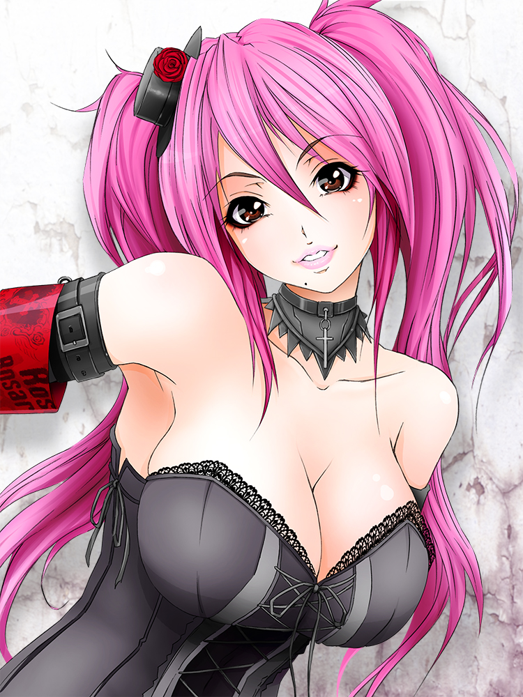 bare_shoulders breasts brown_eyes choker cleavage cross hat lace large_breasts lips long_hair mini_hat mole mole_under_mouth original pink_hair size_hermitage smile solo twintails