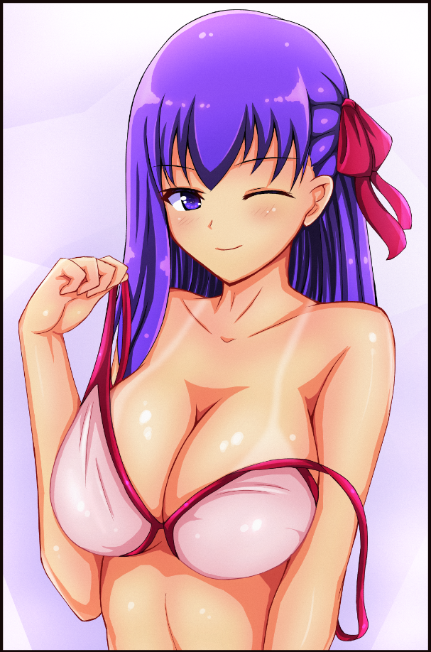 bikini_top blush breasts fate/stay_night fate_(series) hair_ribbon ixmmxi large_breasts long_hair looking_at_viewer matou_sakura one_eye_closed purple_eyes purple_hair ribbon shiny shiny_skin smile solo swimsuit tan tanline undressing