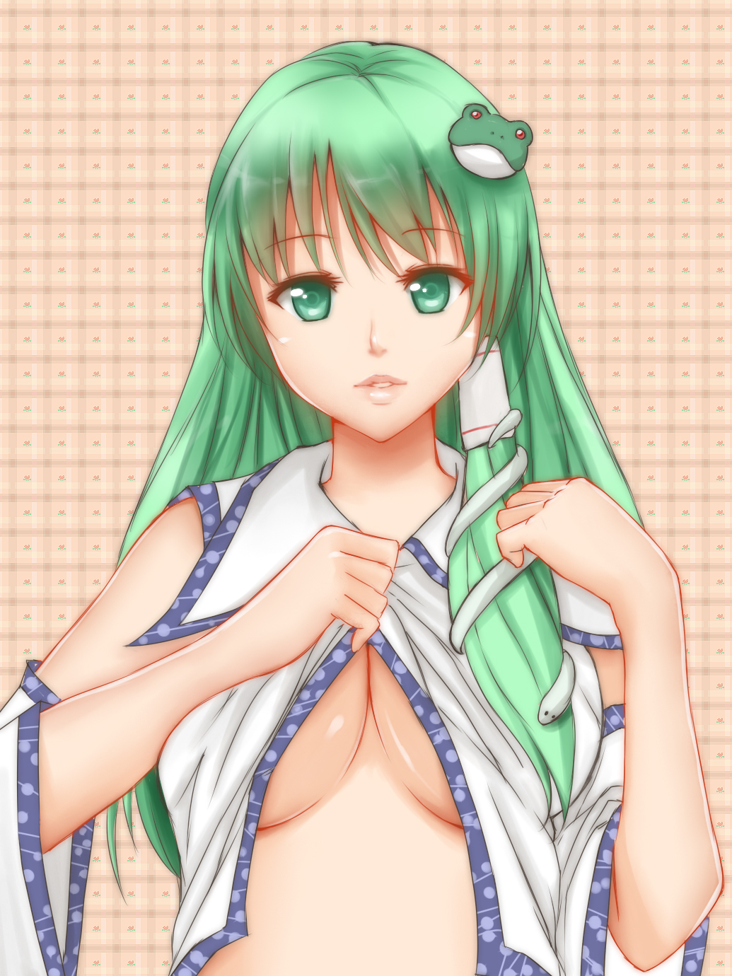 bad_id bad_pixiv_id breasts detached_sleeves frog_hair_ornament green_eyes green_hair hair_ornament highres kochiya_sanae large_breasts lips long_hair looking_at_viewer open_clothes open_shirt shirt solo touhou underboob upper_body wide_sleeves x&amp;x&amp;x