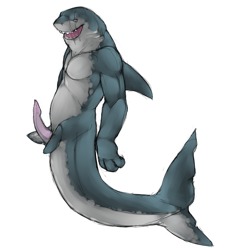 balls biceps dog-bone erection fin fish fishmen great_white_shark looking_at_viewer male marine muscles nude pecs penis pose scales scar shark sheath slit solo