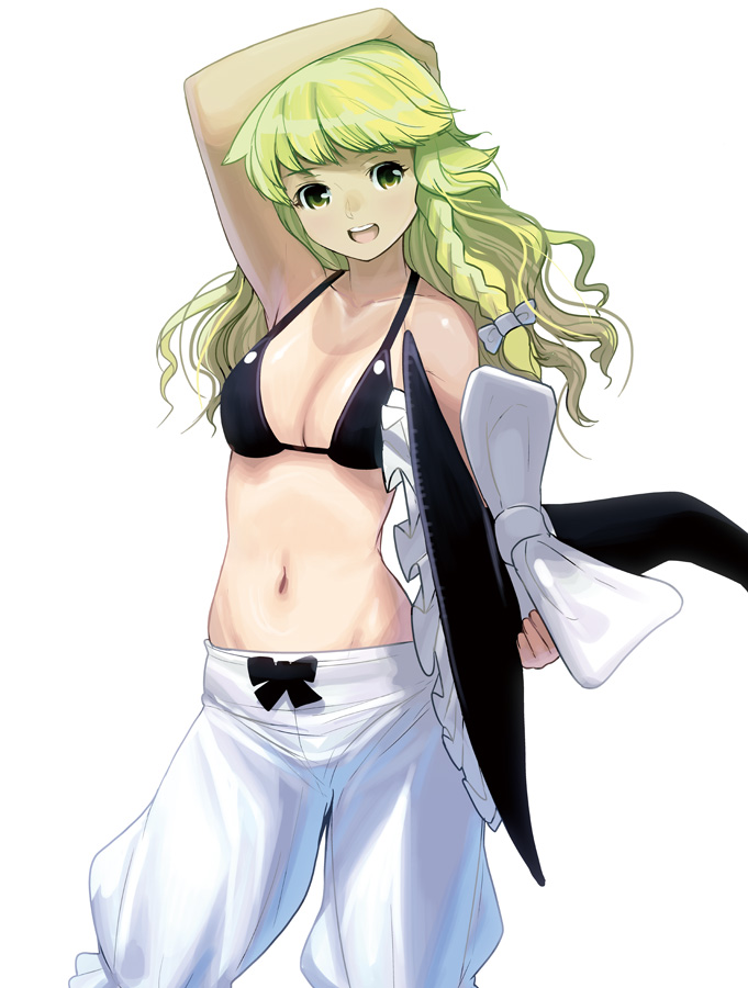 :d bikini_top blonde_hair bloomers bow braid breasts hair_bow hat hat_removed headwear_removed kirisame_marisa long_hair looking_at_viewer masao medium_breasts navel no_shirt open_mouth simple_background single_braid smile solo stomach tan tanline touhou underwear white_background witch_hat yellow_eyes