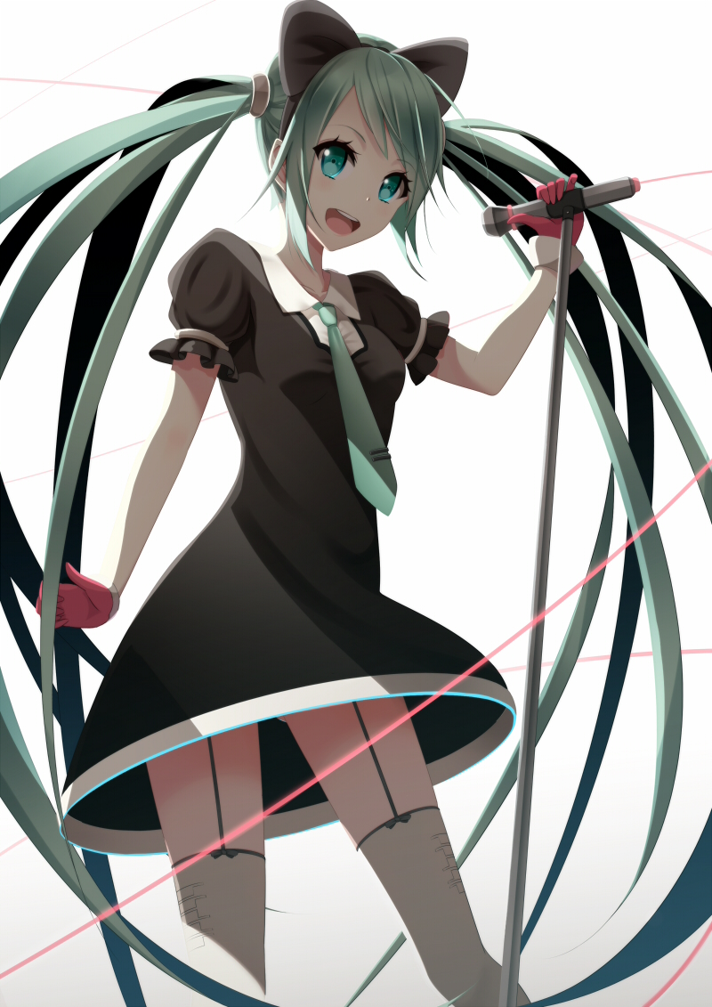 dress garter_straps gloves green_eyes green_hair hatsune_miku koyaya long_hair microphone microphone_stand necktie open_mouth solo thighhighs twintails very_long_hair vocaloid white_background