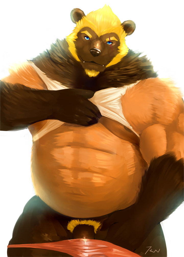 anthro belly biceps big_muscles black_nose blonde_hair blue_eyes chubby claws clothing facial_scar fangs fur gut hair iceman1984 kuzuri looking_at_viewer male mammal musclegut muscles mustelid nipples nude overweight penis plain_background pubes scar shirt solo tank_top teeth underwear undressing wolverine yellow_fur