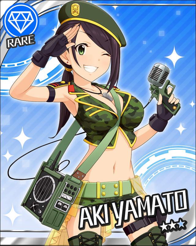 ;d beret boots breasts camouflage card_(medium) character_name cleavage diamond_(symbol) dog_tags fingerless_gloves gloves green_eyes gun hat idolmaster idolmaster_cinderella_girls medium_breasts microphone military official_art one_eye_closed open_mouth ponytail salute shorts smile solo speaker thigh_boots thighhighs weapon yamato_aki
