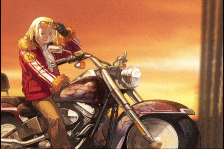 blonde_hair blue_eyes blue_mary eyewear_on_head fatal_fury fur_trim ground_vehicle jacket mark_of_the_wolves motor_vehicle motorcycle official_art open_clothes open_jacket screencap short_hair snk solo sunglasses sunset sweater