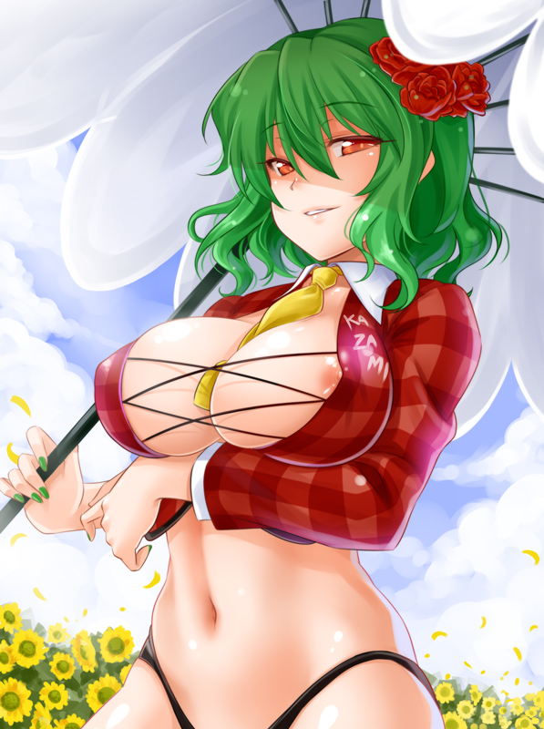 areola_slip areolae between_breasts borrowed_design breasts cleavage clothes_writing flower green_hair hair_flower hair_ornament kazami_yuuka large_breasts long_hair nail_polish navel necktie necktie_between_breasts nipple_slip nipples okitakung race_queen red_eyes short_hair smile solo sunflower touhou umbrella yellow_neckwear