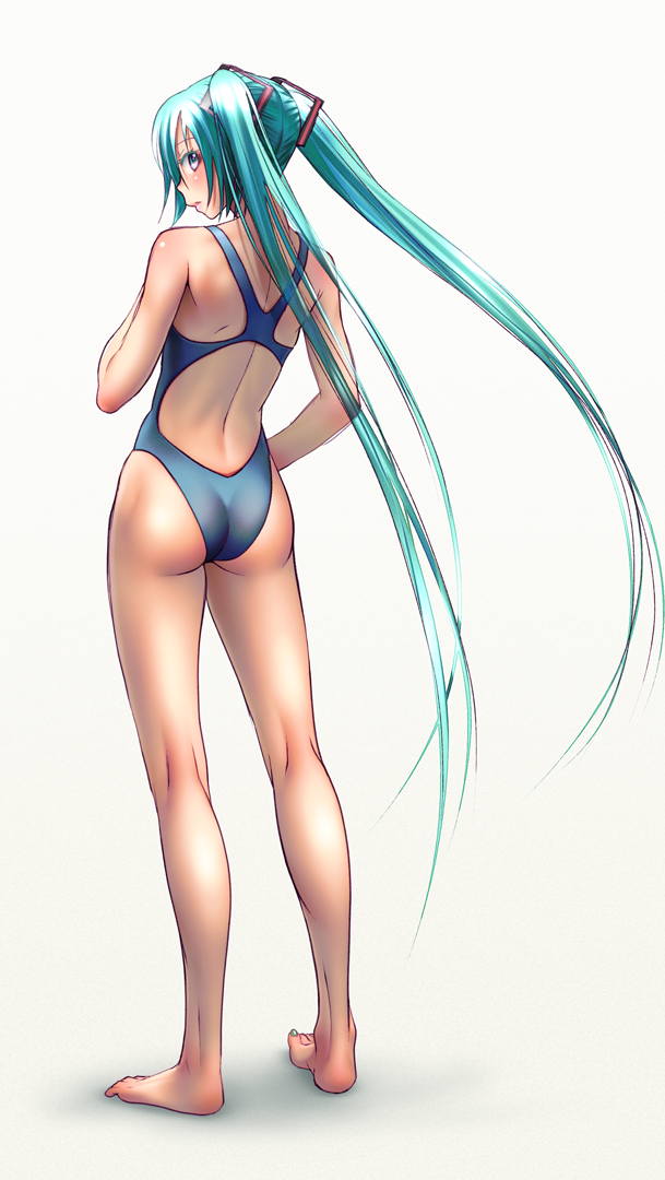 aqua_eyes aqua_hair ass back barefoot blush competition_swimsuit full_body hatsune_miku kneepits legs long_hair long_legs looking_at_viewer looking_back one-piece_swimsuit open_mouth solo swimsuit twintails very_long_hair vocaloid wokada
