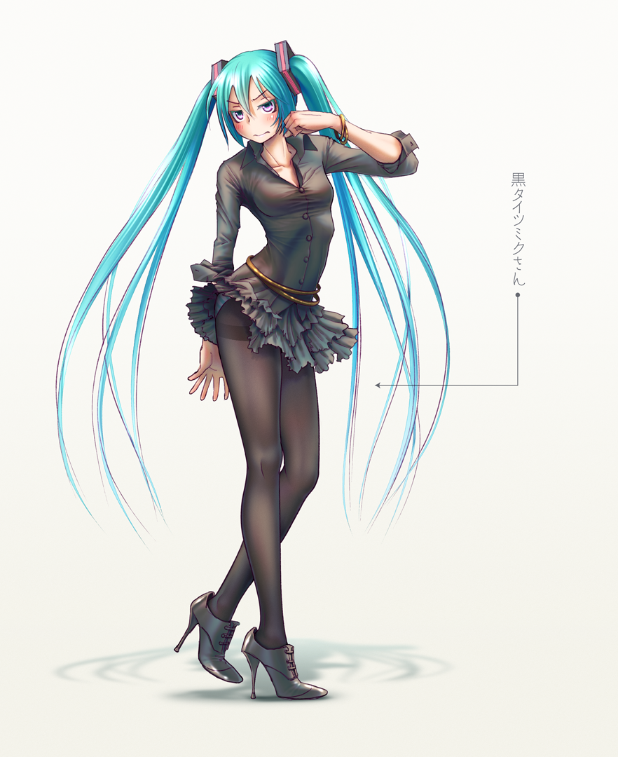 alternate_legwear angry blush breasts directional_arrow full_body hatsune_miku high_heels long_hair looking_at_viewer panties panties_under_pantyhose pantyhose shoes simple_background sleeves_folded_up sleeves_pushed_up small_breasts solo standing stiletto_heels striped striped_panties thighband_pantyhose twintails underwear very_long_hair vocaloid white_background wokada