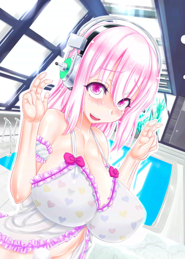 babydoll blush breasts cleavage commentary_request double_v headphones indoors konmori_(kinbou_sokai) large_breasts long_hair looking_at_viewer navel nitroplus open_mouth pink_eyes pink_hair pool poolside rei_no_pool smile solo super_sonico v window