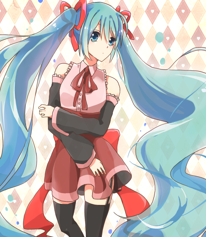 aqua_eyes aqua_hair argyle argyle_background bad_id bad_pixiv_id detached_sleeves garter_straps hair_ribbon hatsune_miku long_hair ribbon skirt solo soyaka thighhighs twintails very_long_hair vocaloid