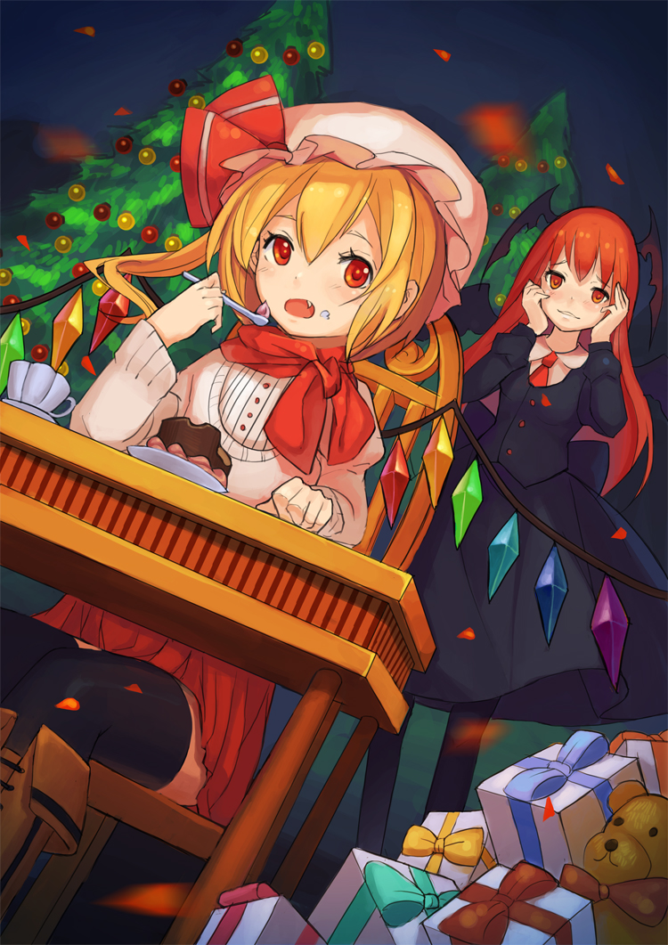 black_legwear blonde_hair box chair christmas_tree eating fang flandre_scarlet gift gift_box head_wings koakuma long_hair mio-muo1206 multiple_girls necktie open_mouth red_eyes red_hair side_ponytail sitting spoon stuffed_animal stuffed_toy teddy_bear thighhighs touhou wings yandere_trance