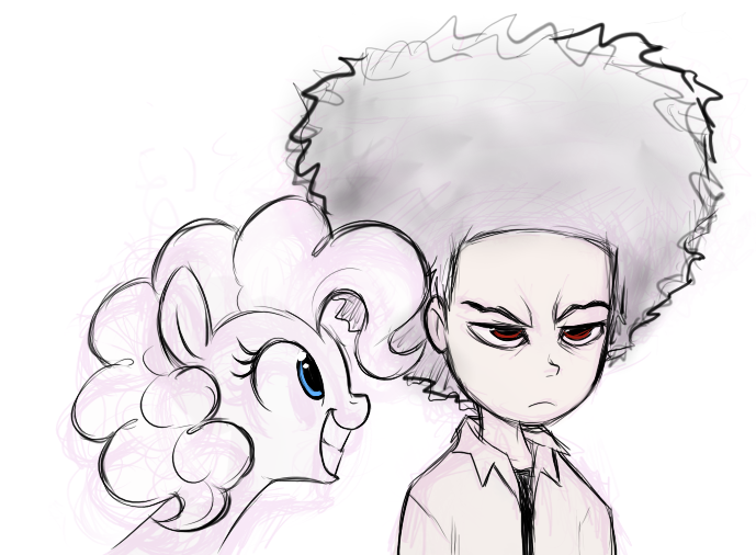 blue_eyes crossover equine female feral friendship_is_magic grumpy horse huey_freeman human male mammal mn27 my_little_pony pinkie_pie_(mlp) plain_background pony red_eyes sketch smile the_boondocks white_background