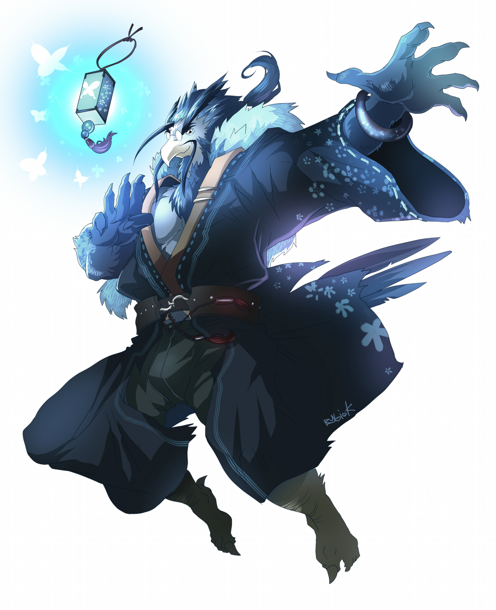 beak blue_feathers blue_hair claws clothing eyewear glasses hair lantern looking_at_viewer male muscles pecs rybiok smile solo white_feather white_feathers