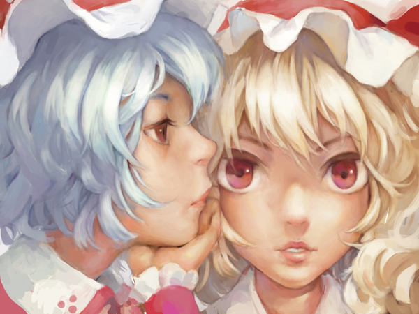 blonde_hair blue_hair chin_rest close-up face flandre_scarlet jitome kachou lips looking_away multiple_girls parted_lips profile red_eyes remilia_scarlet siblings silver_hair sisters touhou wrist_cuffs