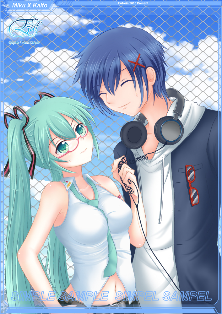 1girl belt bespectacled blue_hair chain-link_fence closed_eyes cloud day euforia fence glasses green_eyes green_hair hair_ribbon hatsune_miku headphones headphones_around_neck kaito long_hair navel necktie ribbon sky sweatdrop twintails very_long_hair vocaloid