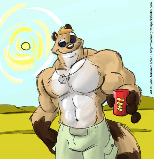 dog_tags eyewear male mammal muscles raccoon soda sunglasses topless