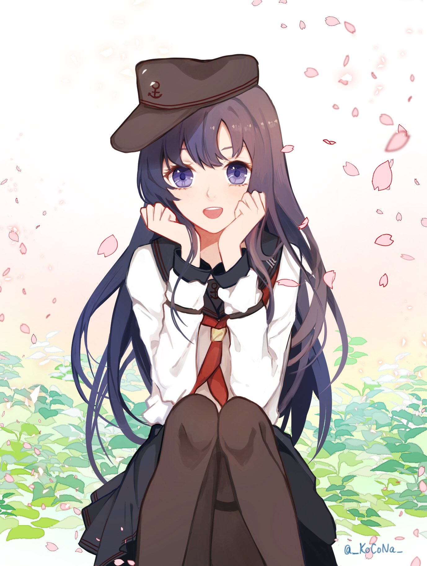 1girl akatsuki_(kantai_collection) anchor_symbol badge black_hair black_legwear black_skirt cherry_blossoms commentary english_commentary feet_out_of_frame flat_cap hair_between_eyes hat highres kantai_collection kocona long_hair looking_at_viewer messy_hair neckerchief open_mouth pantyhose petals pleated_skirt purple_eyes red_neckwear remodel_(kantai_collection) school_uniform serafuku sitting skirt smile solo white_background