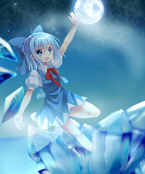 blue blue_eyes blue_hair blue_nails bow cirno dress full_moon hair_bow ice ice_wings moon nail_polish night night_sky outstretched_arm reaching short_hair sky smile solo touhou wings yatsuki_yura