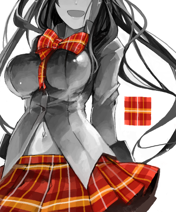 :d bow breasts head_out_of_frame large_breasts long_hair long_sleeves monochrome open_mouth original patterned plaid plaid_skirt pupps simple_background skirt smile solo spot_color white_background