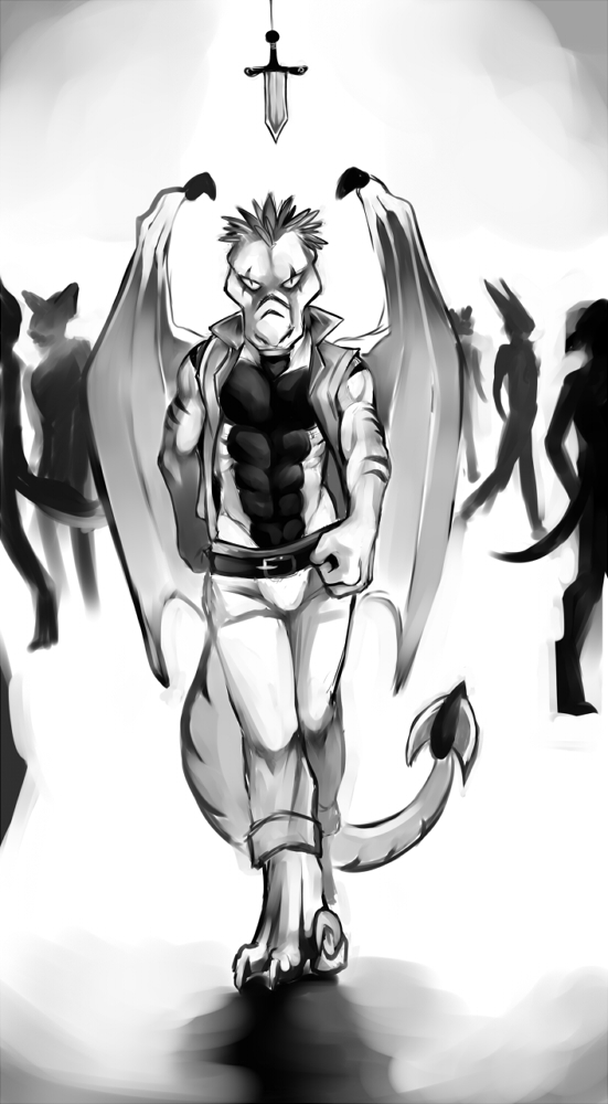 abs anthro belt biceps body_markings claws clothed clothing dagger demicoeur dragon front_view greyscale group horn jacket looking_at_viewer male markings monochrome muscles open_shirt pants pecs pose scales scalie scar shirt silhouette solo_focus standing stripes toe_claws toned walking weapon wings