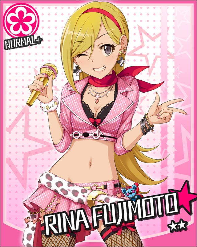 blonde_hair card_(medium) character_name earrings fishnet_legwear fishnets flower flower_(symbol) fujimoto_rina grey_eyes grin idolmaster idolmaster_cinderella_girls jewelry jpeg_artifacts long_hair looking_at_viewer microphone midriff nail_polish navel necklace official_art one_eye_closed pink_background smile solo star starry_background thighhighs v