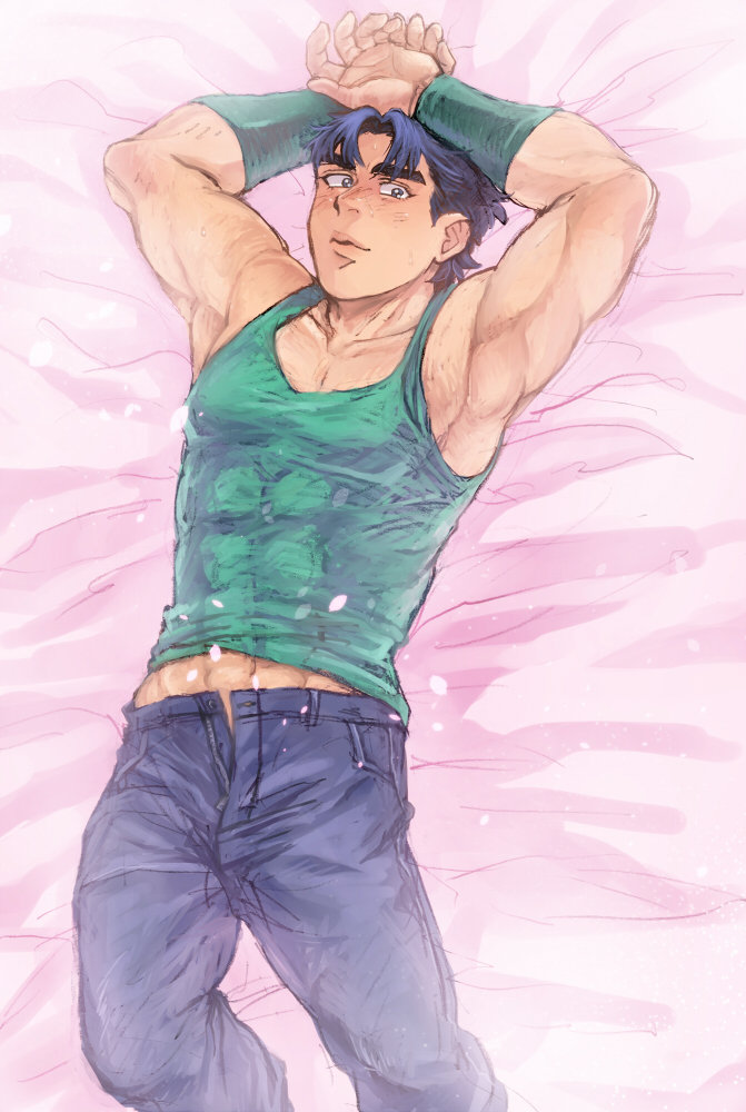 blue_eyes blue_hair foo-xxx jojo_no_kimyou_na_bouken jonathan_joestar male_focus midriff muscle on_bed solo