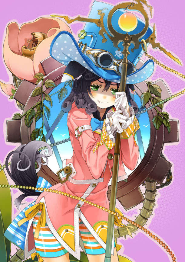 amamiya_chiharu animal_ears bad_id bad_pixiv_id black_hair clover curly_hair dog_ears dog_tail fang flower four-leaf_clover gears gloves goggles goggles_on_headwear green_eyes hat jacket leaf original plant ribbon short_hair shorts smile solo staff striped striped_shorts tail top_hat white_gloves