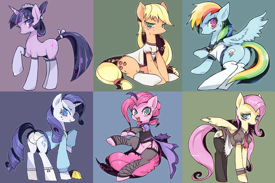 applejack_(mlp) blonde_hair blue_eyes blush clothing equine female fluttershy_(mlp) friendship_is_magic green_eyes gym_uniform hair horn horse maid maid_uniform moyamoya_kuroi multi-colored_hair my_little_pony panties pegasus pink_hair pinkie_pie_(mlp) pony purple_eyes purple_hair rainbow_dash_(mlp) rarity_(mlp) sailor_uniform school_uniform socks stitched stockings suggestive sweat tail_bow twilight_sparkle_(mlp) underwear unicorn wings