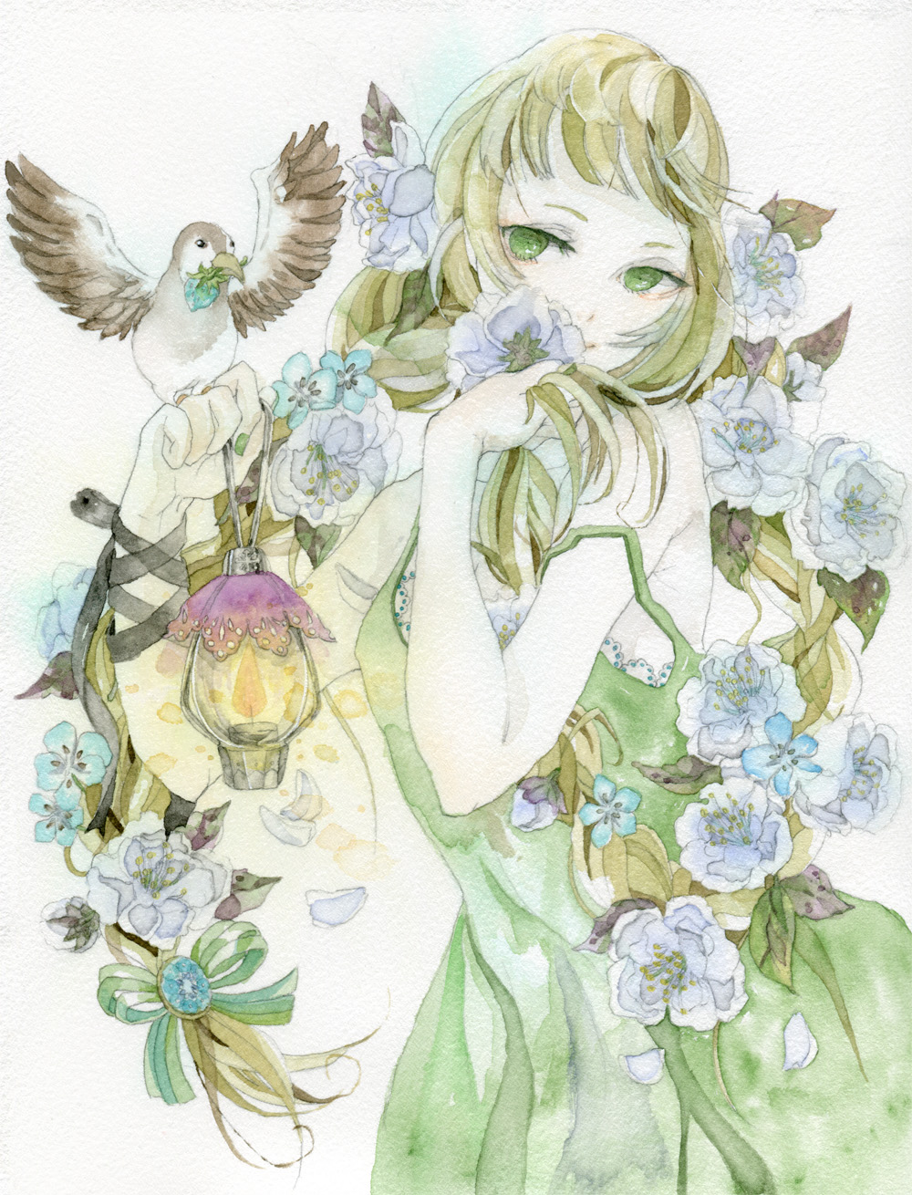 bird braid bunching_hair dress en4xx flower green_dress green_eyes green_hair hair_flower hair_ornament highres lantern leaf long_hair nail_polish original petals ribbon smile solo traditional_media twin_braids very_long_hair watercolor_(medium)