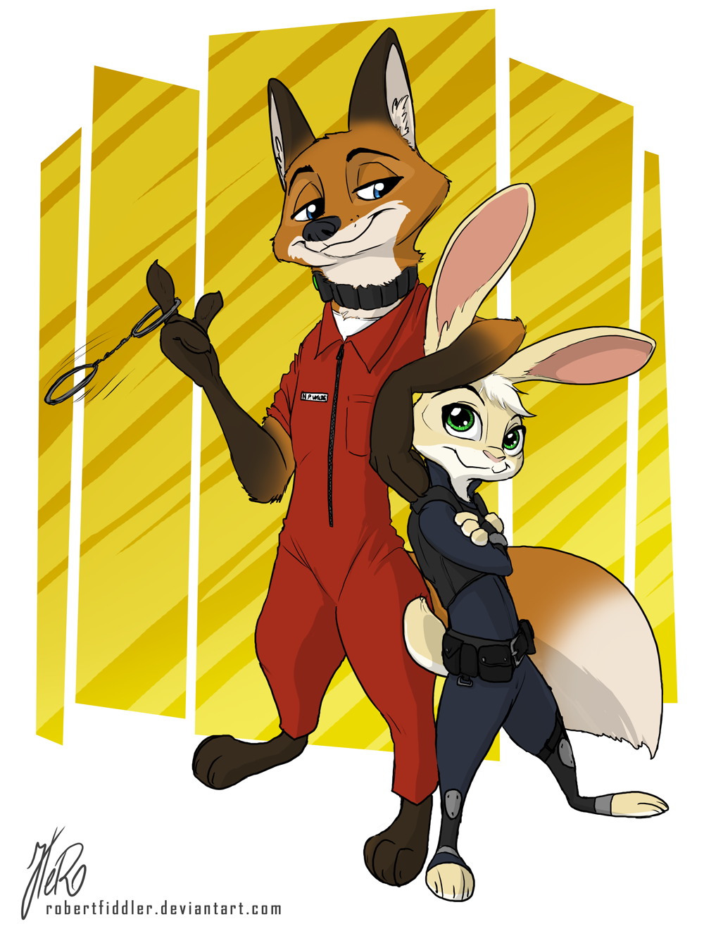 2019 anthro barefoot belt blue_eyes bulletproof_vest canine clothed clothing collar crossed_arms dipstick_ears dipstick_tail disney duo female fox gloves_(marking) green_eyes handcuffs judy_hopps lagomorph looking_at_viewer male mammal markings multicolored_tail nick_wilde police_uniform prison_uniform rabbit robertfiddler shackles shock_collar signature simple_background smile socks_(marking) standing toeless_shoes uniform url utility_belt zootopia