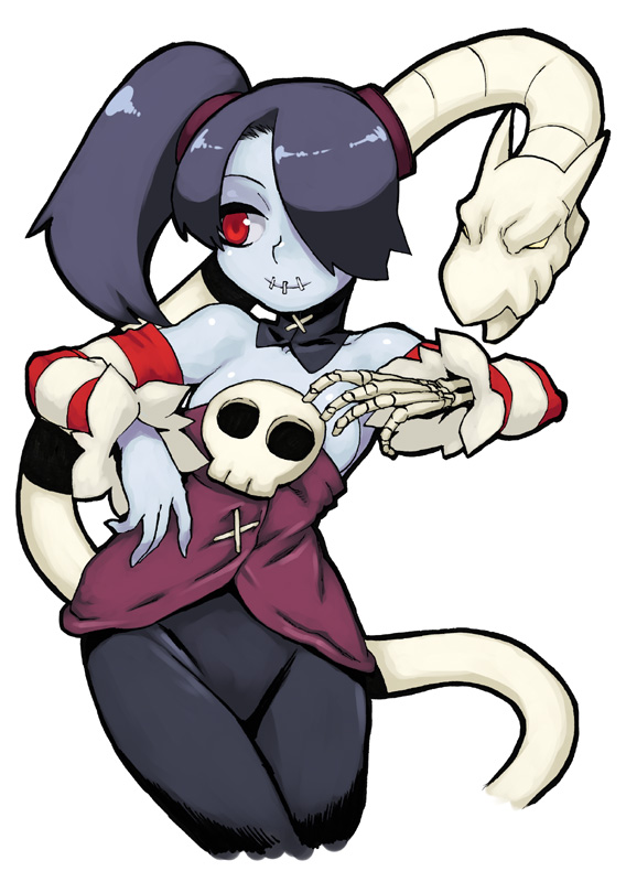 bare_shoulders blue_hair blue_skin breasts detached_collar detached_sleeves hair_over_one_eye leviathan_(skullgirls) long_hair long_skirt red_eyes side_ponytail sideboob skirt skull skullgirls smile solo squigly_(skullgirls) stitched_mouth stitches striped striped_sleeves tsukudani_(coke-buta) zombie
