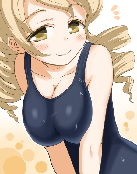blonde_hair breasts cleavage drill_hair heart jekyll862 large_breasts long_hair mahou_shoujo_madoka_magica one-piece_swimsuit school_swimsuit smile solo swimsuit tomoe_mami twin_drills twintails wet wet_clothes yellow_eyes