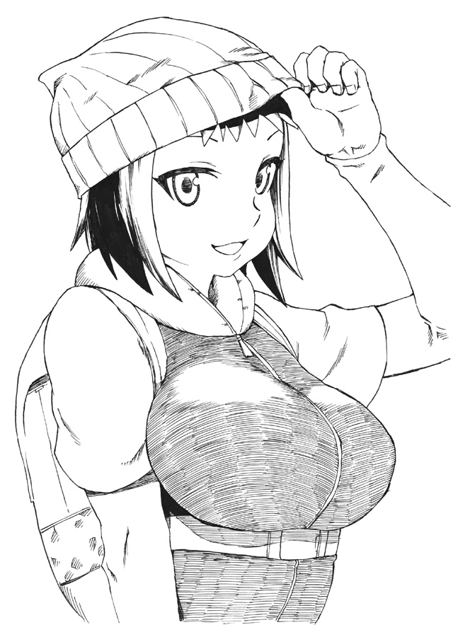 backpack bag beanie breasts character_request copyright_request greyscale hat hat_tip hood hoodie large_breasts monochrome short_hair smile solo tsukudani_(coke-buta)