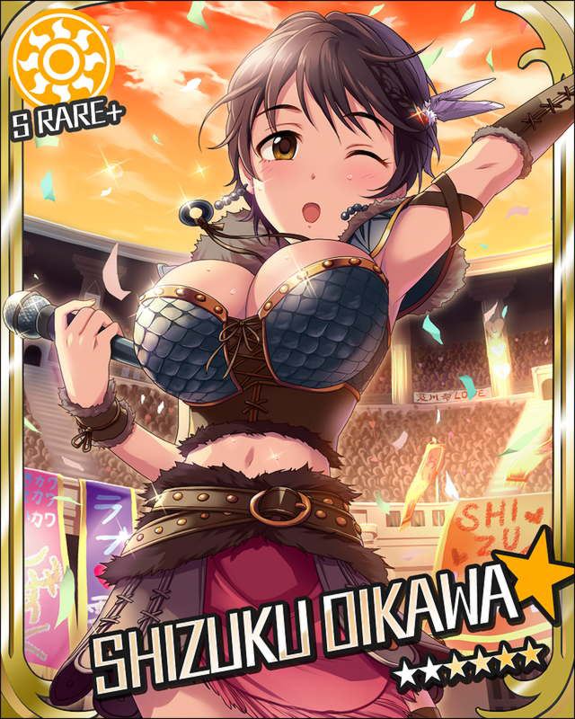 ;o belt breasts brown_eyes brown_hair card_(medium) character_name cleavage earrings hairband idolmaster idolmaster_cinderella_girls jewelry large_breasts microphone necklace official_art oikawa_shizuku one_eye_closed short_hair skirt solo stage sun_(symbol) wristband