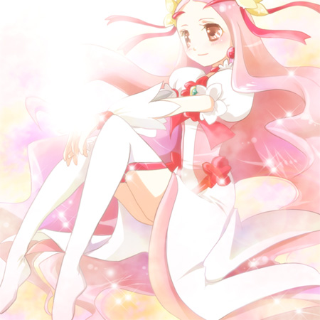 bad_id bad_pixiv_id boots brooch choker cure_flower dress earrings flower hair_flower hair_ornament hanasaki_kaoruko heart heartcatch_precure! jewelry long_hair lowres magical_girl pink_eyes pink_hair precure red_choker ribbon sitting smile solo tanba_anko thigh_boots thighhighs wrist_cuffs